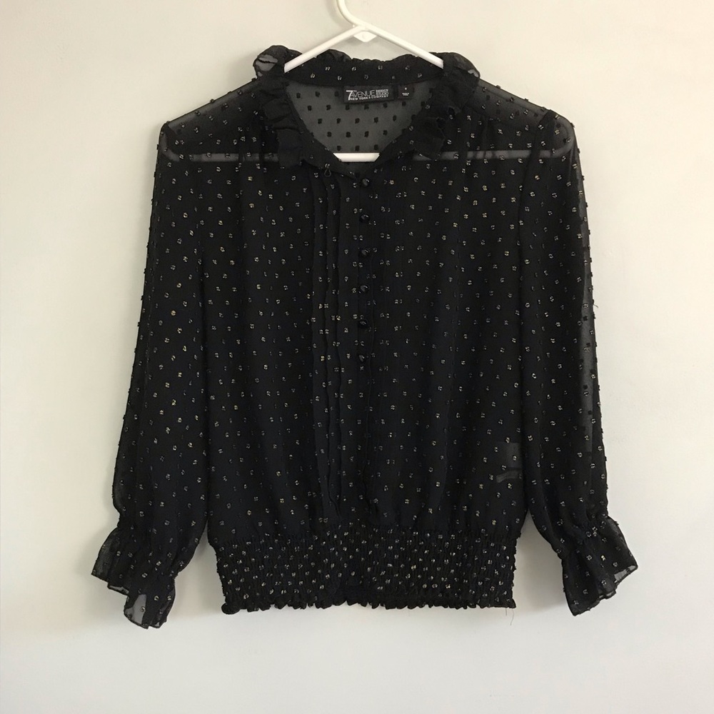 7th Avenue New York Black/Gold Sheer Long Sleeve Button Blouse Collared Sz Small